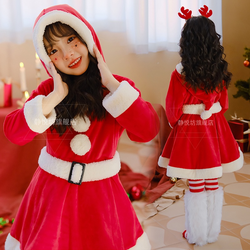 Đầm Công Chúa Tay Dài Phồng Màu Đỏ In Họa Tiết Ông Già Noel Dễ Thương Thời Trang Mùa Đông Cho Bé Gái