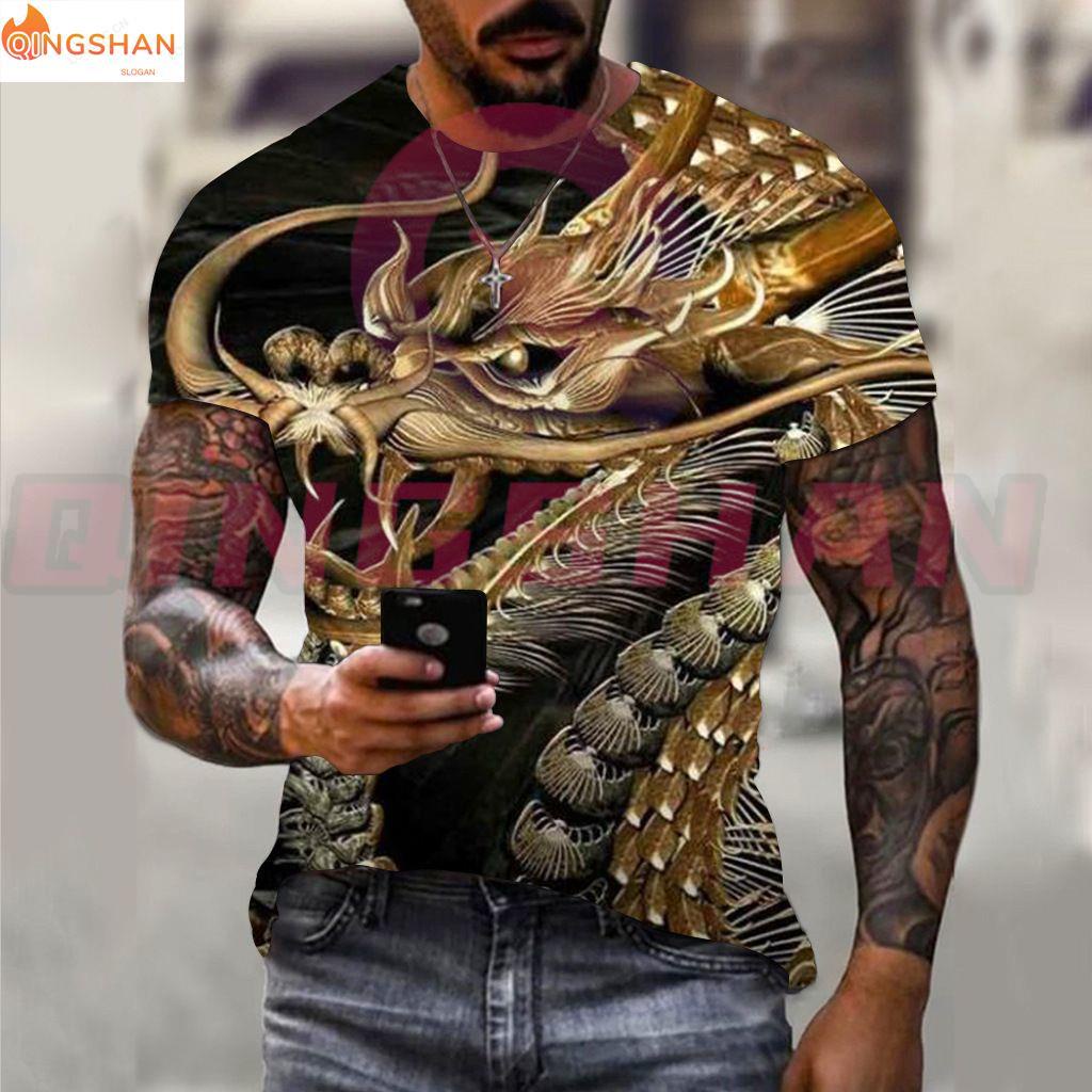 Áo Thun Ngắn Tay Thêu Hình Rồng 3d Thời Trang
