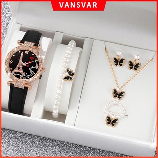 Thời Trang Đồng Hồ quartz Nữ Mặt Tháp Eiffel Đính Hột Xoàn Dây Da
