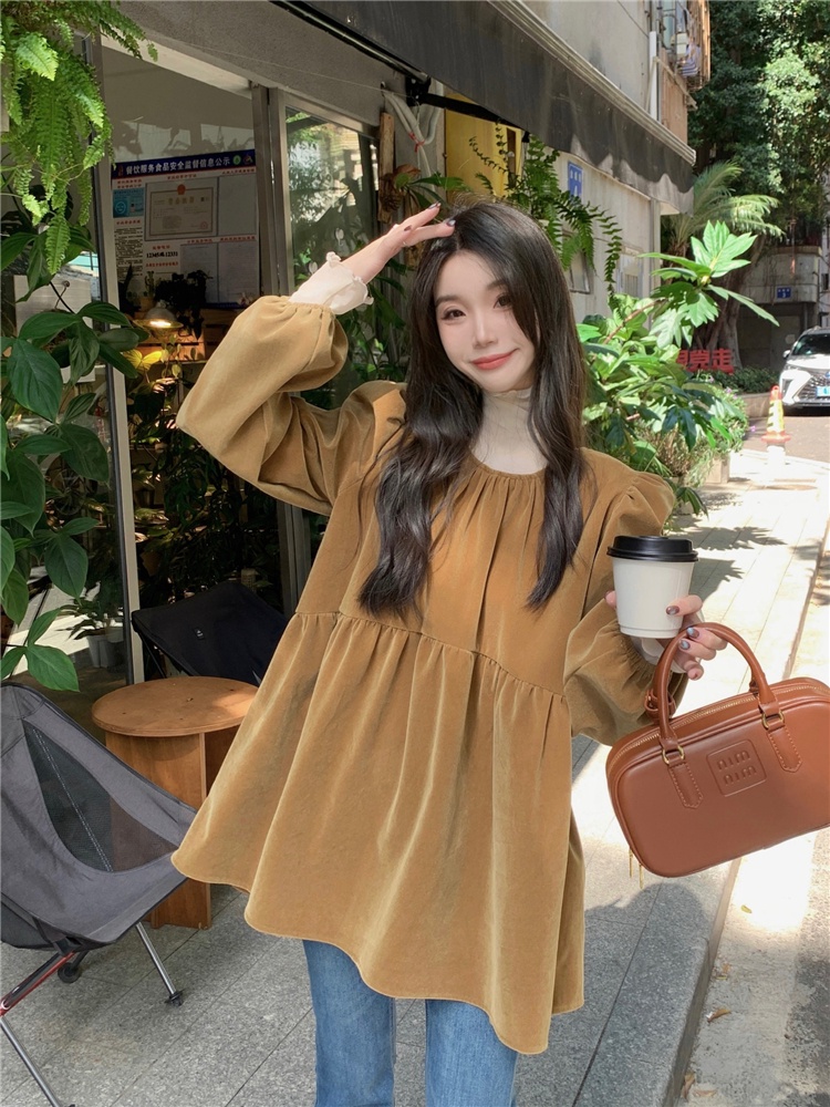 69112 retro Cổ Tròn Áo Sơ Mi Nhung Rời