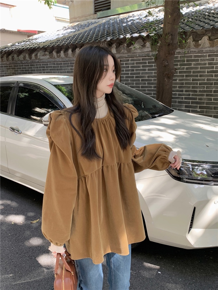 69112 retro Cổ Tròn Áo Sơ Mi Nhung Rời
