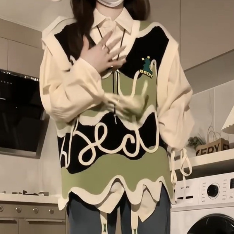 Áo sweater Dệt Kim Sát Nách Màu Tương Phản Thời Trang Cho Nữ