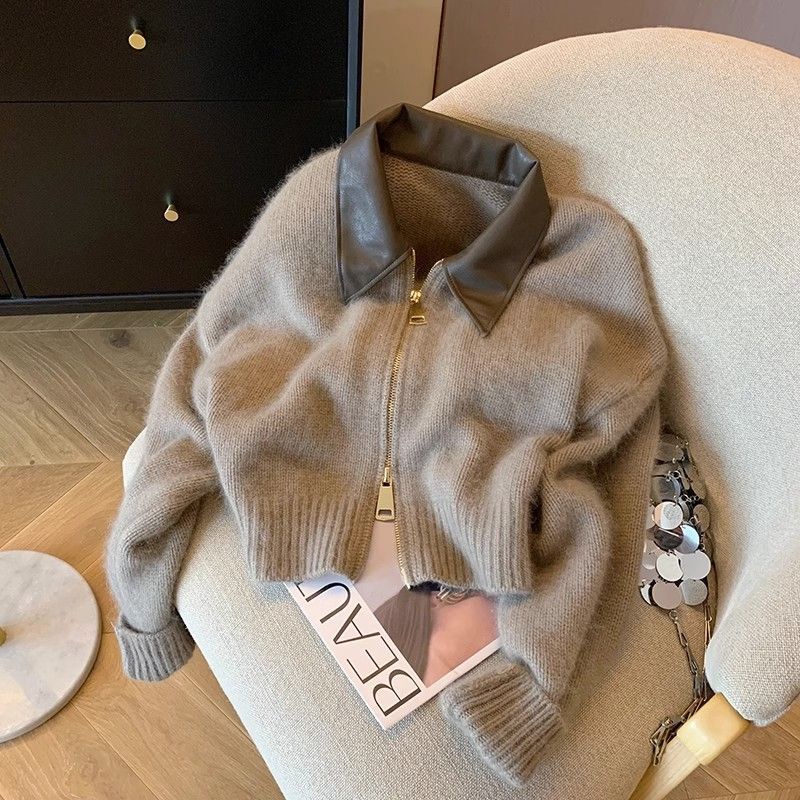 Áo Khoác Nữ Cashmere Thu Đông Thiết Kế Dây Kéo Với Cổ Len Da ,Áo Cardigan Áo Dày