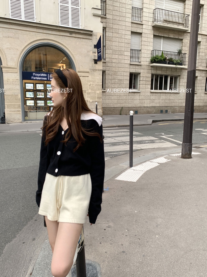 68139 Áo Len Màu Tương Phản Ve Áo cardigan Nữ Hàng Đầu