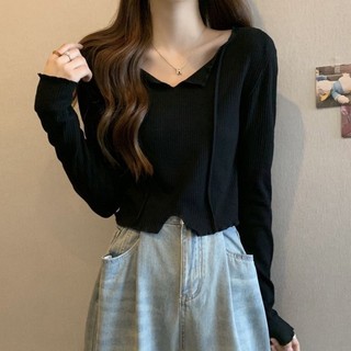 Áo Thun Tay Dài Cổ Chữ v Màu Trơn Đơn Giản Dễ Phối Đồ Hợp Thời Trang