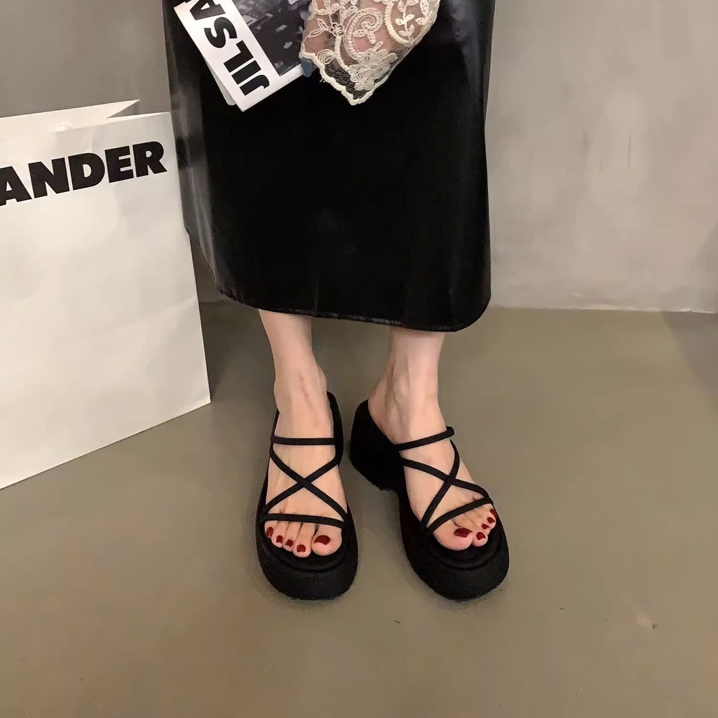 Xăng đan Đế Dày Quai Mảnh Màu Đen Thời Trang Mùa Hè 2023 Cho Nữ