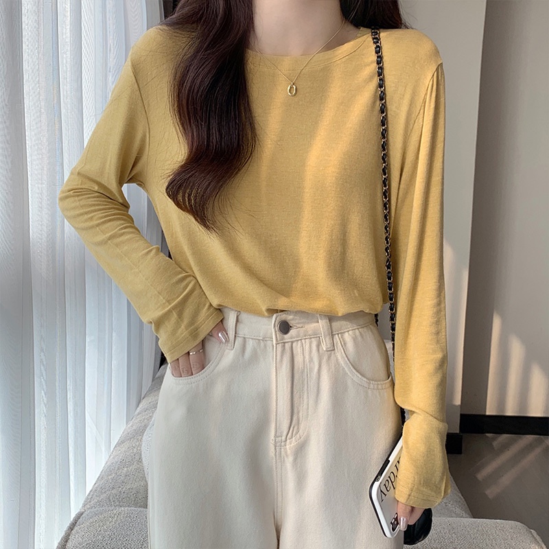 Mềm Áo Thun Nữ Tay Dài Màu Trơn Thời Trang Thu Đông