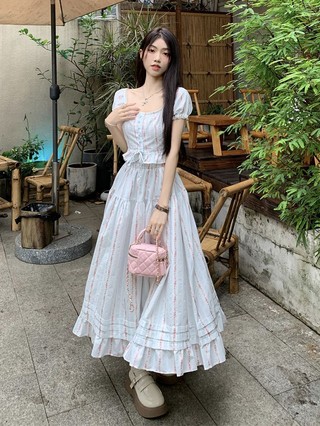 Set Váy Ngọt Ngào Phong Cách Trang Phục Công Chúa Hệ Cổ Áo Sơ Mi+Trung Dài Chữ A Nửa Người