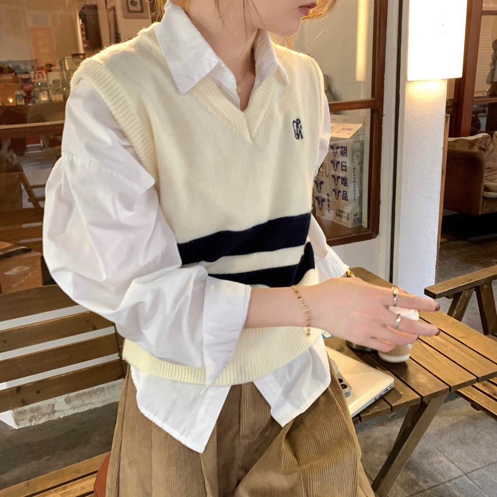 Áo sweater Dệt Kim Sát Nách Cổ Chữ v Phối Màu Thời Trang Thu Đông 67848