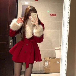 Áo Khoác Thời Trang Nữ Phong Cách Thu Đông Giáng Sinh Thiết Kế Cổ Len Cao Cấp, Kèm Thắt Lưng, Áo Khoác Màu Đỏ Dễ Thương