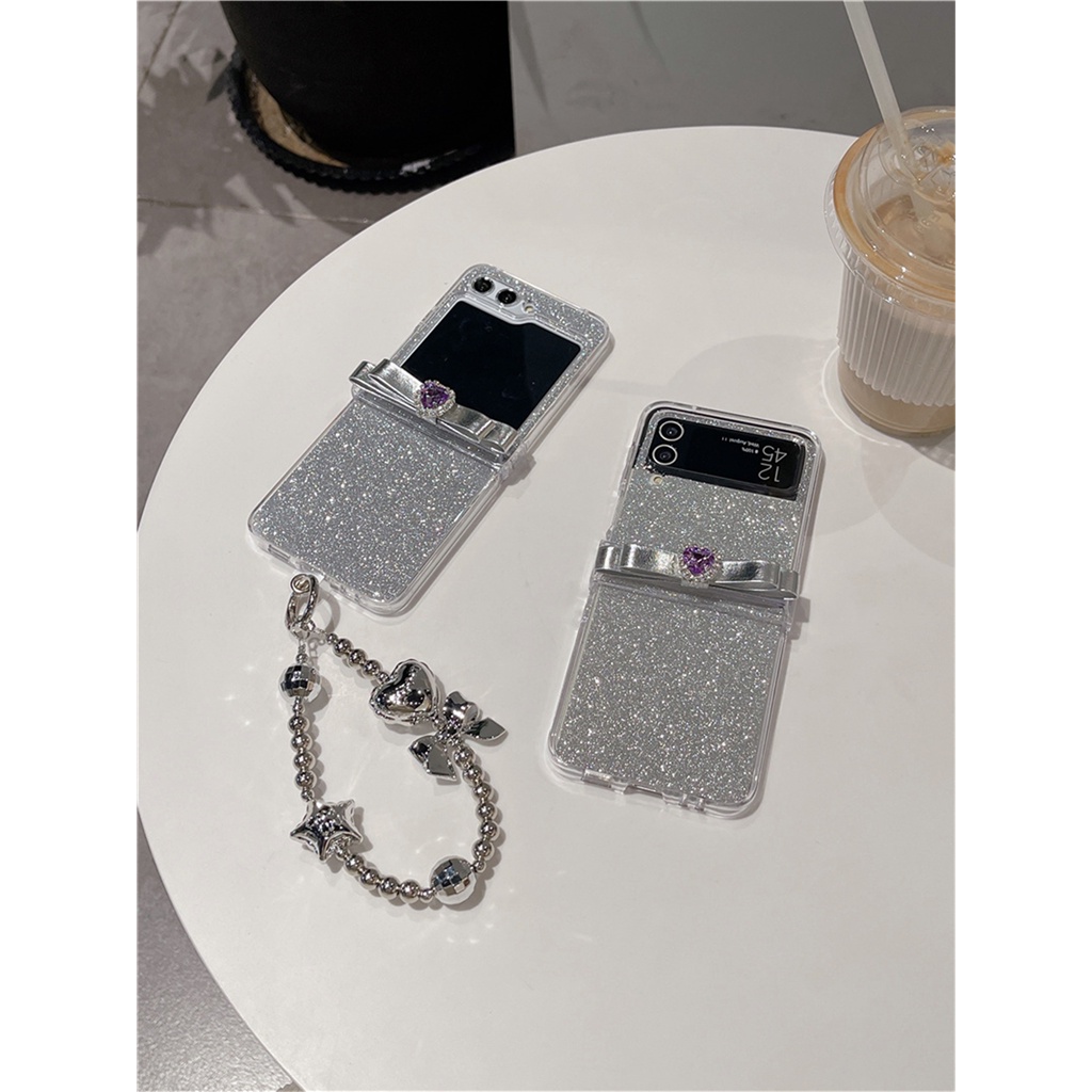 Bao Da Điện Thoại Nắp Lật Đính Đá Hình Nơ Trái Tim 3d Cho samsung galaxy z flip 5 5g z flip4 flip3 zflip5 Ốp