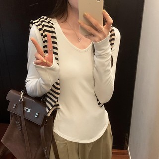 69782 Áo thun dài tay cổ tròn kiểu dáng cơ bản xếp ly eo hẹp