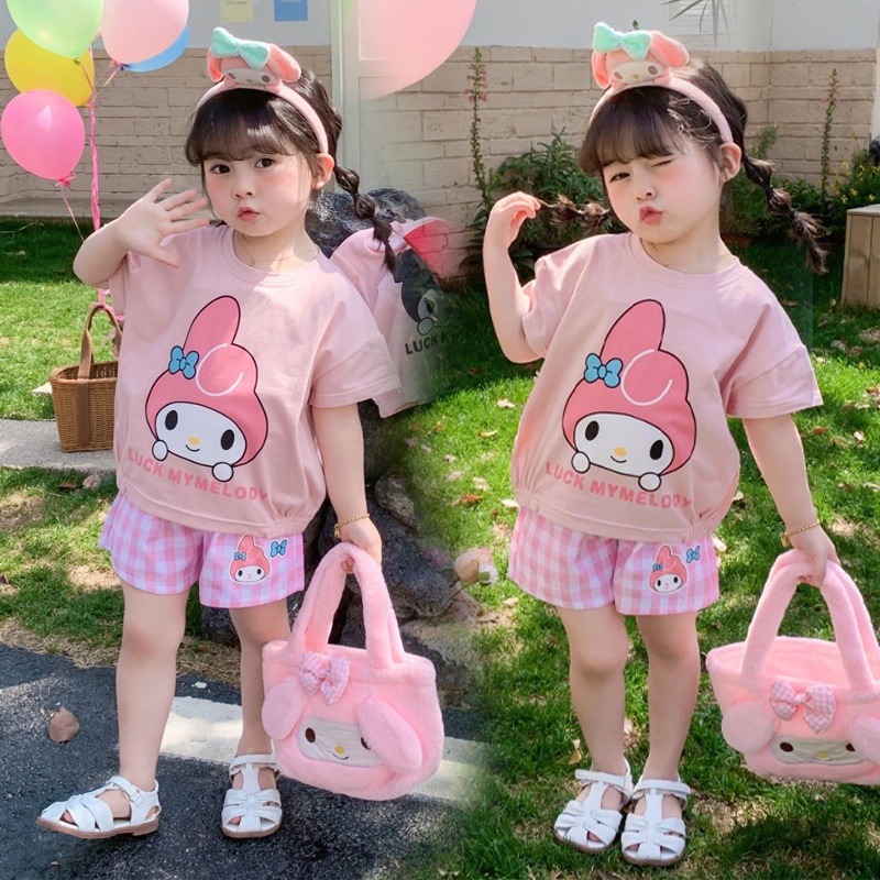 Sanrio set Áo Thun Tay Ngắn & Quần short In Hình kuromi & hello kitty Cho Bé Gái