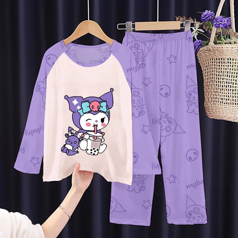 Bộ Đồ Ngủ Kuromi Cinnamoroll Tay Dài Phối Ren Mỏng In Họa Tiết Hoạt Hình Dễ Thương Thời Trang Xuân Thu Pijama Cho Bé Gái