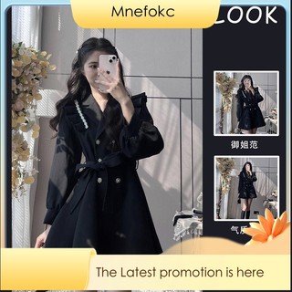 Mnefokc Váy Thiết Kế Màu Đen Viền Suit Cổ Áo Khoác Gió Dáng Công Chúa Dành Cho Nữ [hàng Oder]