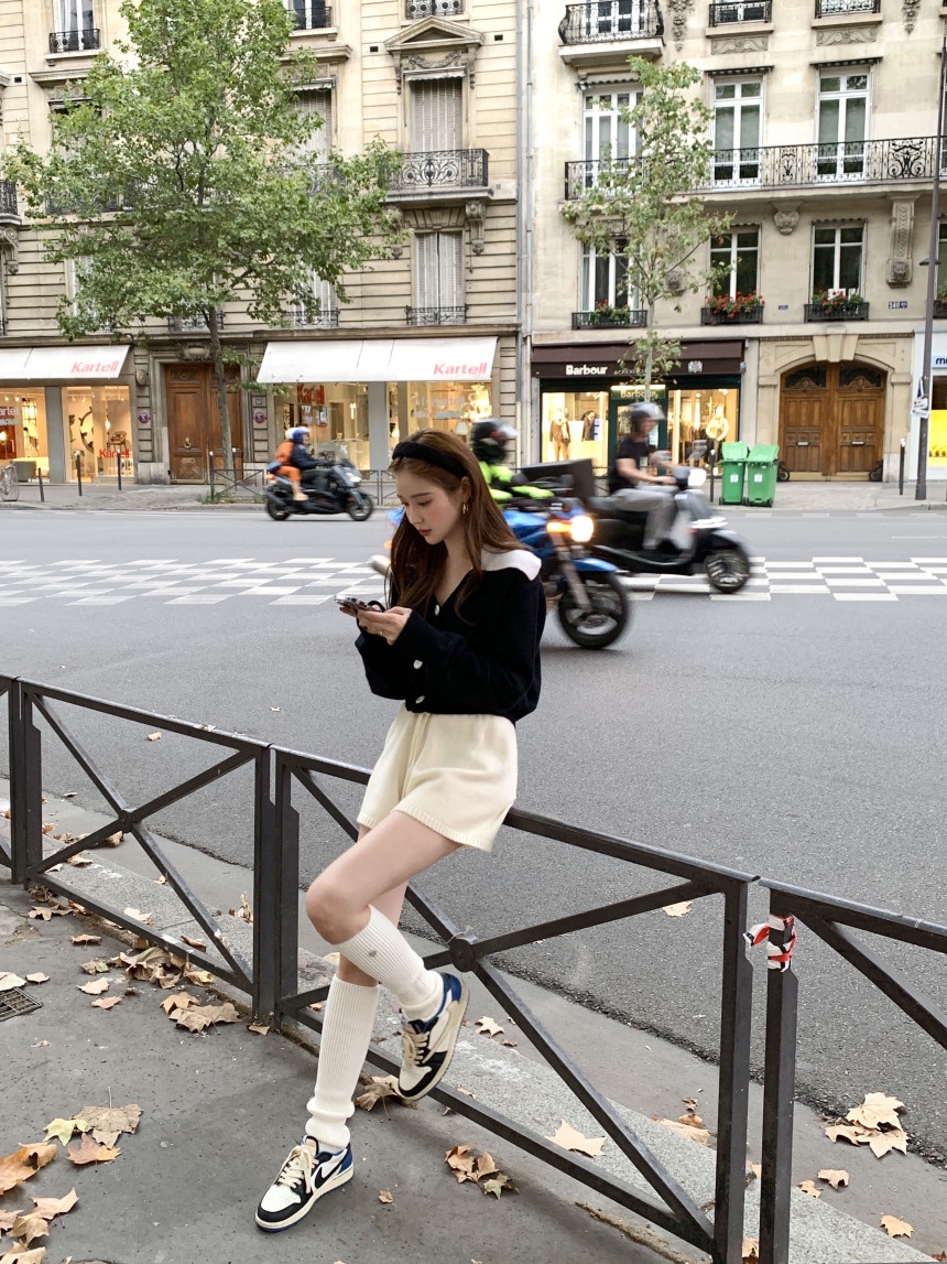 68139 Áo Len Màu Tương Phản Ve Áo cardigan Nữ Hàng Đầu