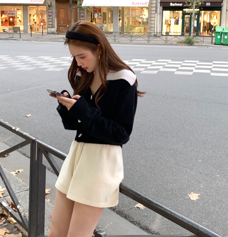 68139 Áo Len Màu Tương Phản Ve Áo cardigan Nữ Hàng Đầu