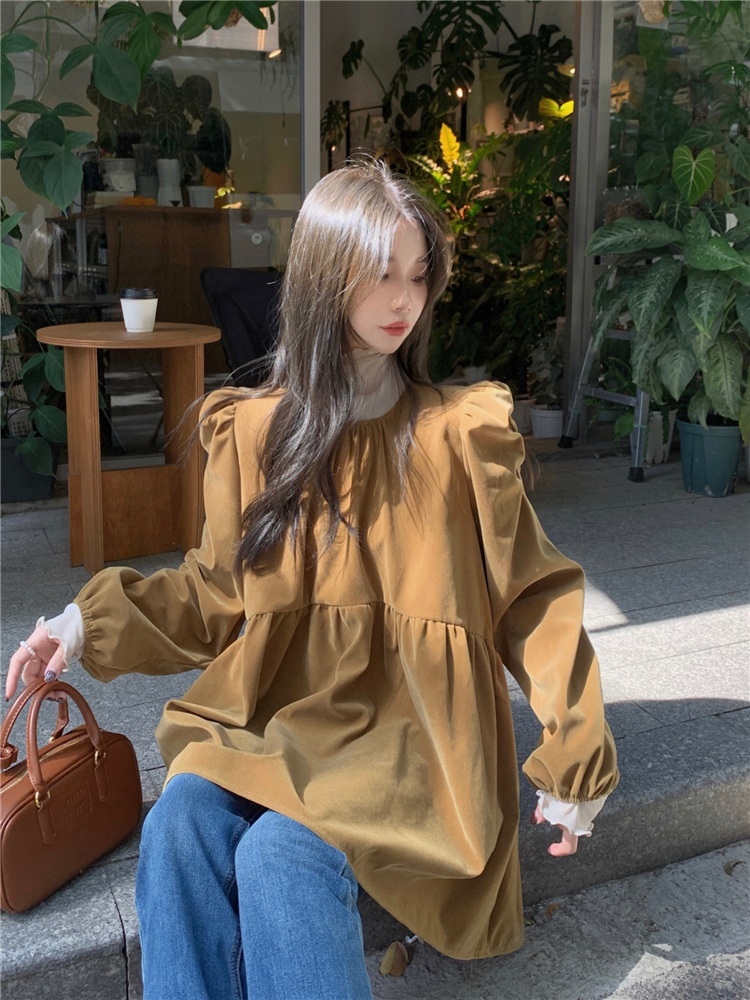 69112 retro Cổ Tròn Áo Sơ Mi Nhung Rời
