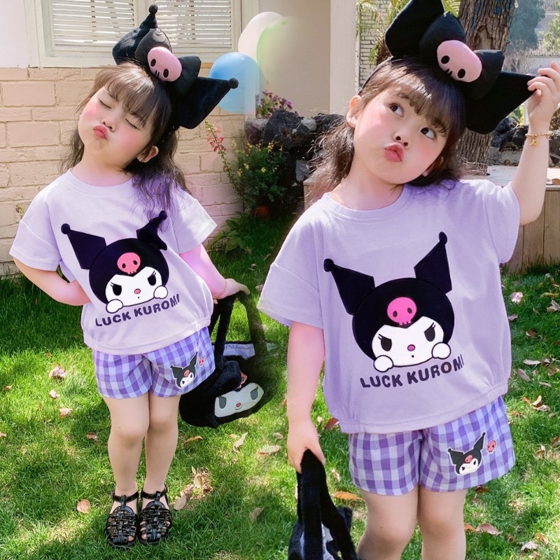 Sanrio set Áo Thun Tay Ngắn & Quần short In Hình kuromi & hello kitty Cho Bé Gái