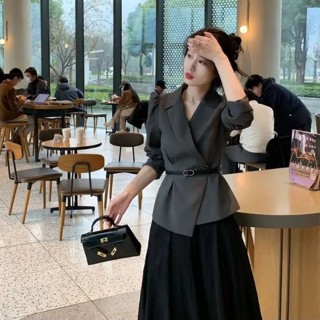 Set Đồ Nữ Thiết Kế Cao Cấp, Khí Chất, Tiểu Thư Phong Cách, Âu Phục, Áo Khoác+Váy Lụa Mỏng Kèm Belt Tôn Dáng Nữ