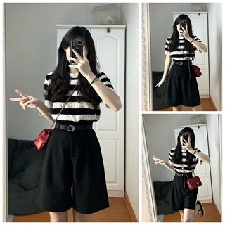 Set áo phông nữ kẻ ngang kèm quần short đen nữ sinh trẻ trung