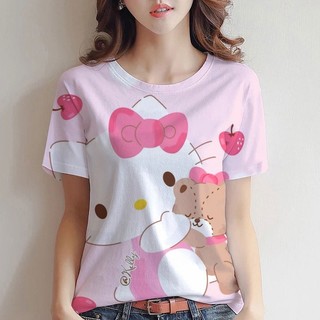 2024 Phong Cách Mới Top Áo Thun Hello Kitty Họa Tiết Rời Áo Sơ Mi Tay Ngắn Nữ