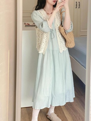 Áo Cardigan Đầm Màu Xanh Hai Mảnh Cho Phụ Nữ Phù Hợp Mùa Hè Mới Hàn Quốc Cao Cấp