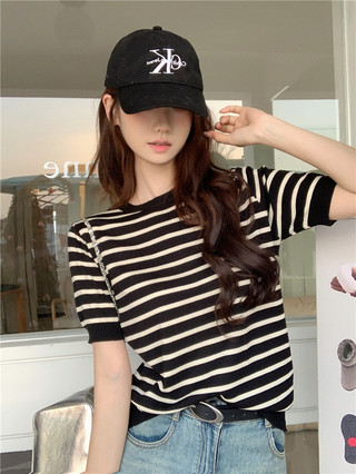 70426 Rời Cổ Tròn Retro Băng Lụa Sọc Đan Tay Ngắn Rời Áo Thun