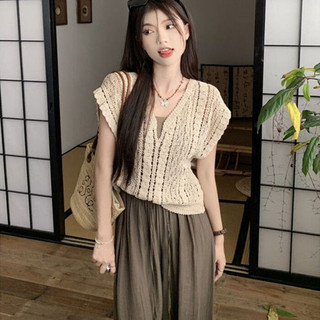 Bộ Ba Mảnh Cho Phụ Nữ Mùa Hè Mới Móc Hoa Rỗng Đan Vest Bên Ngoài Xếp Chồng Lên Nhau Mặc Áo Gi Lê Giản Dị Quần Ống Rộng