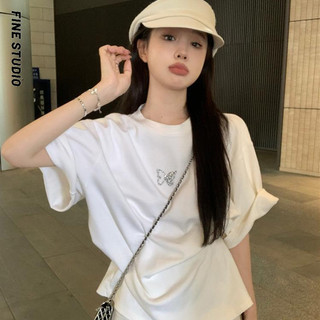 Trắng Cổ Tròn Ngắn Tay Áo Thun Nữ Mùa Hè Niche Bướm Nóng Kim Cương Cổ Tròn Rời Giữa Chiều Dài Top