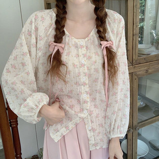 Nhẹ Nhàng Ngọt Ngào Nhỏ Tươi Xếp Li Chiffon Bong Bóng Tay  Xuân Và Mùa Hè Mới Hoa Mỏng Áo Sơ Mi Nữ