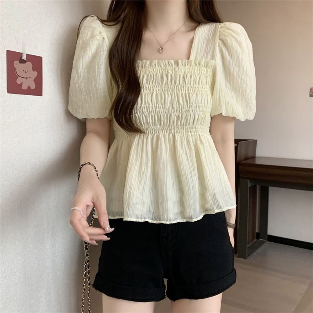 Áo Kiểu Nữ Áo Sơ Mi Nữ Cổ Vuông Tay Ngắn Dáng Peplum Phong Cách Pháp Sơ Mi Nữ Mùa Hè