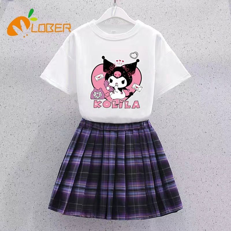 Đầm Kuromi trẻ em Váy jk Áo thun Kuromi + Quần jean Đầm thời trang bé gái Quần áo trẻ em Bộ bé gái V
