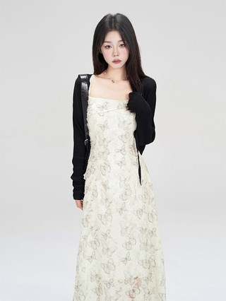 Váy Dài Trung Bình Họa Tiết Hoa Treo Khoác Cardigan Mùa Xuân Hè Thời Trang 100 Phù Hợp Với Khí Chất Nhỏ Độc Đáo Cao Eo