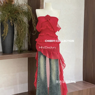 Pure Desire Gợi Cảm Hot Girl Cao Cấp Đỏ Xù Ống Top Đầm Mùa Xuân Eo Eo Ôm Hơn Nhìn Không Đều Váy