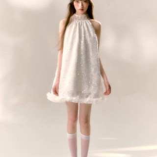 Shanmieleng Dệt Kim Sequin Cổ Dây Đầm Nữ Xuân Hè Nơ Ren Thêu Váy Phồng