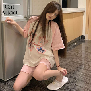 2024 Phong Cách Mới Hoạt Hình Dễ Thương Màu Hồng Bộ Đồ Ngủ Mèo Con Mùa Hè Cotton Nguyên Chất Quần Short Tay Ngắn Có Thể Mặc Bên Ngoài Đồ Gia Đình