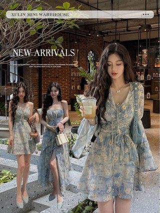  Mùa Hè Phong Cách Mới Áo Cardigan V-Neck Thắt Lưng Hoa Dây Đeo Váy+Hoa Khăn Choàng