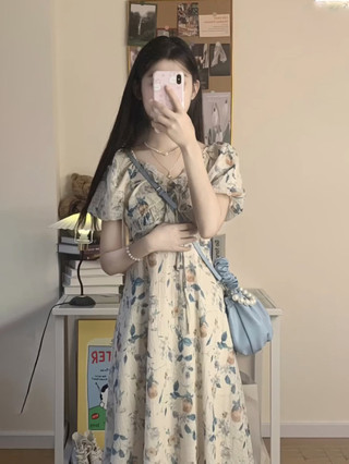 Trà Nghỉ Kiểu Pháp Dịu Dàng Gió Bong Bóng Tay Áo Hoa Đầm Nữ Sinh Thắt Lưng Lộ Vẻ Gầy Vừa Dài Váy Chữ A