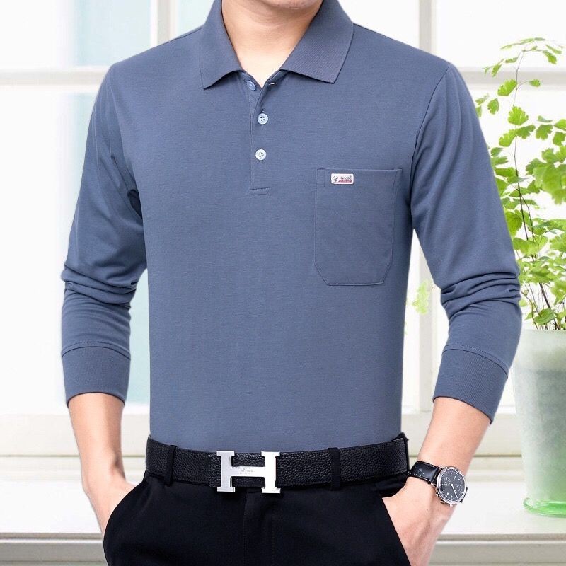 Nam Dài Tay Cotton Áo polo Áo Sơ Mi Ve Áo Rời Trung Niên Và Người Cao Tuổi Quần Áo Bố Top