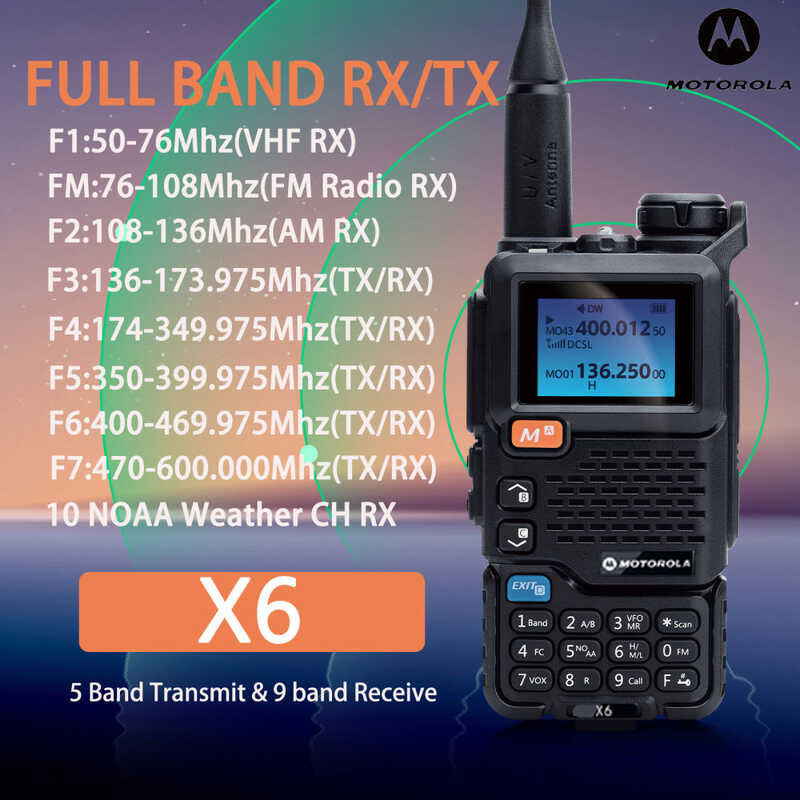 MOTOROLA X6 Air Band Walkie Talkie Di Động Am Fm Hai Chiều Radio Commutator Trạm VHF 10W Bộ Thu Ham 