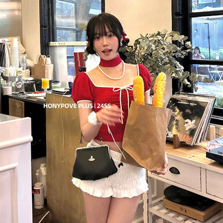 Honypove Màu sắc tương phản Nơ lệch vai Áo thun ngắn tay nữ mùa hè Slim