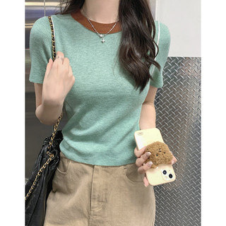 70478 Áo len cổ tròn chắp vá Áo len nữ tay ngắn
