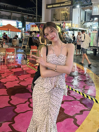 2024 Thái Lan Đi Biển Kỳ Nghỉ Gợi Cảm Pure Desire Chấm Bi Dây Ống Top Sling Top Xù Váy Phù Hợp Với Nữ