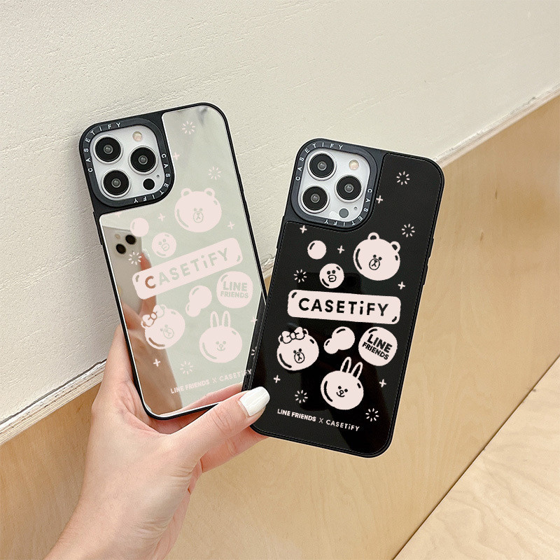 Casetify LINE FRIENDS Vỏ cứng gương gấu nâu hoạt hình cho IPhone 15 14 11 Pro Max 12 13 Mini Case X XR XS Max SE 2020 6 7 8 Plus 7 + Vỏ viền mềm chống sốc