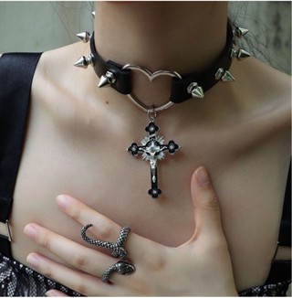 Punk Thorn Cổ Chữ Thập choker Đinh Tán Da Subculture y2k Millennium Hot Girl Cổ Độc Đáo