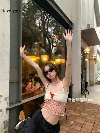 Pure Desire Ngọt Ngào Phong Cách Cay Tình Yêu Chấm Bi Nơ Áo yếm Mùa Hè Gợi Cảm Xuyên Qua Gạc Không Tay Top