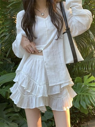 Set Đồ Nữ Mùa Hè Mỏng Cardigan Trắng Dài Tay Áo Sơ Mi Top+Cao Eo