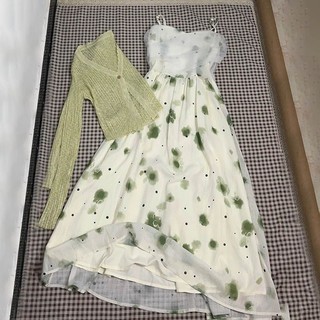 Tình Yêu Đầu Tiên Của Pháp Hệ Thống Hoa Mảnh Treo Váy+Màu Xanh Lá Cây Chống Nắng Đan Áo Khoác Nữ Hai Bộ