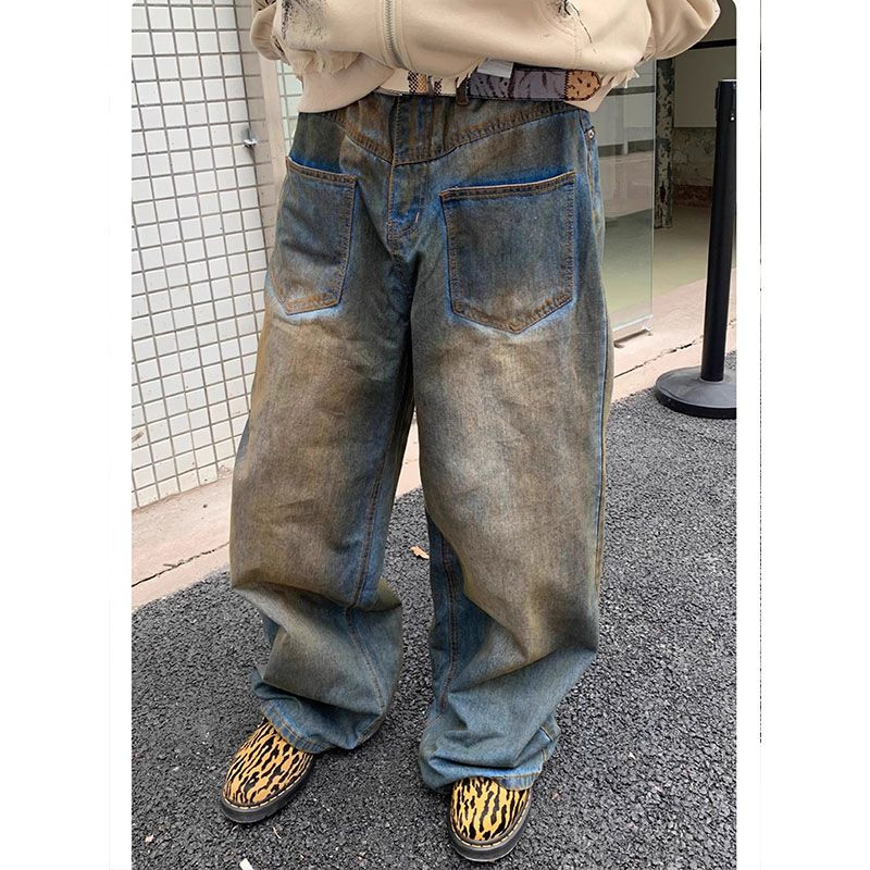 2024 American Retro Rửa Thiết Kế Ngược Cảm Thấy Đánh Bóng Quần Jean Nam Nữ Đau Khổ Rời Sàn-Mopping R